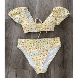 Wild Fable Daisy Floral Print Two-piece Swimsuit Yellow Green XL